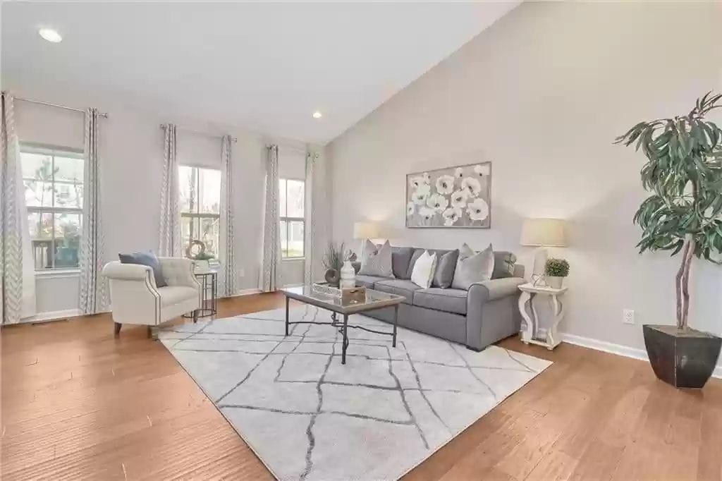 living room with gray sofa