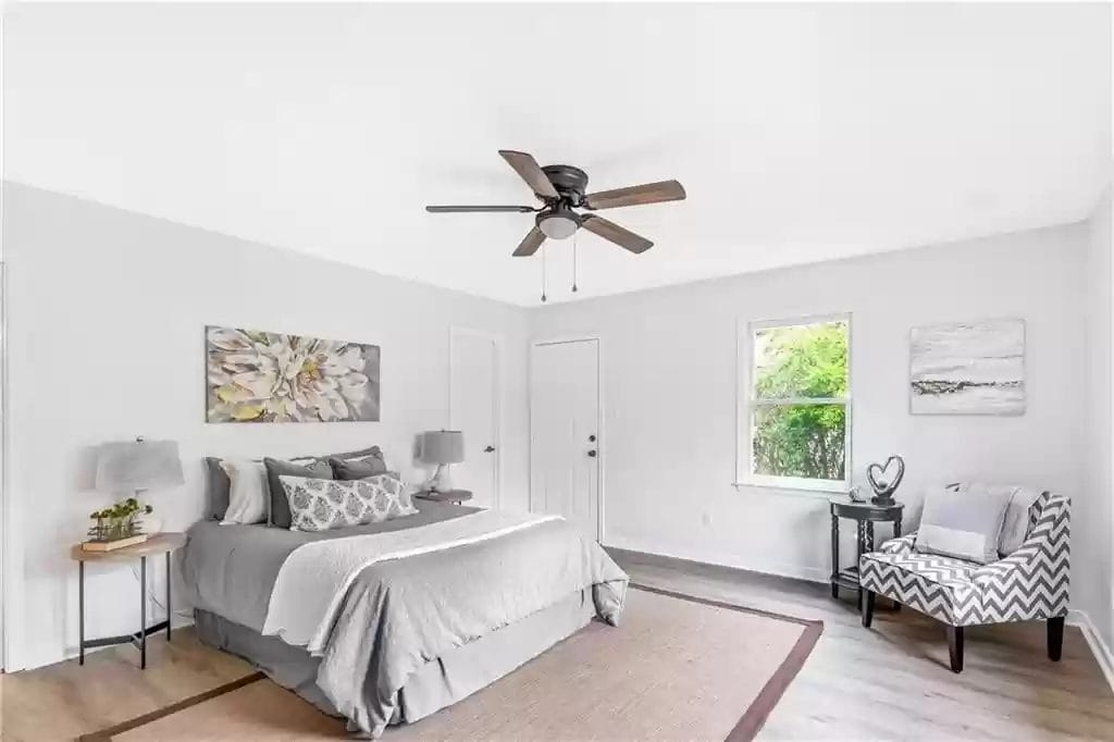 bedroom with gray bedding