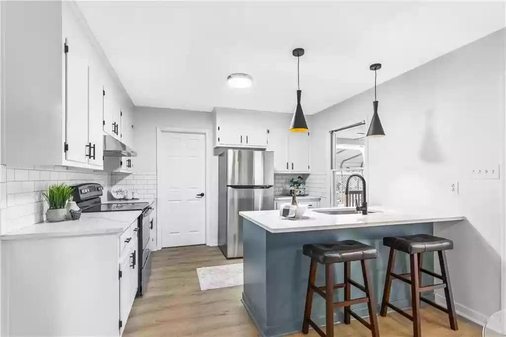 kitchen with blue island