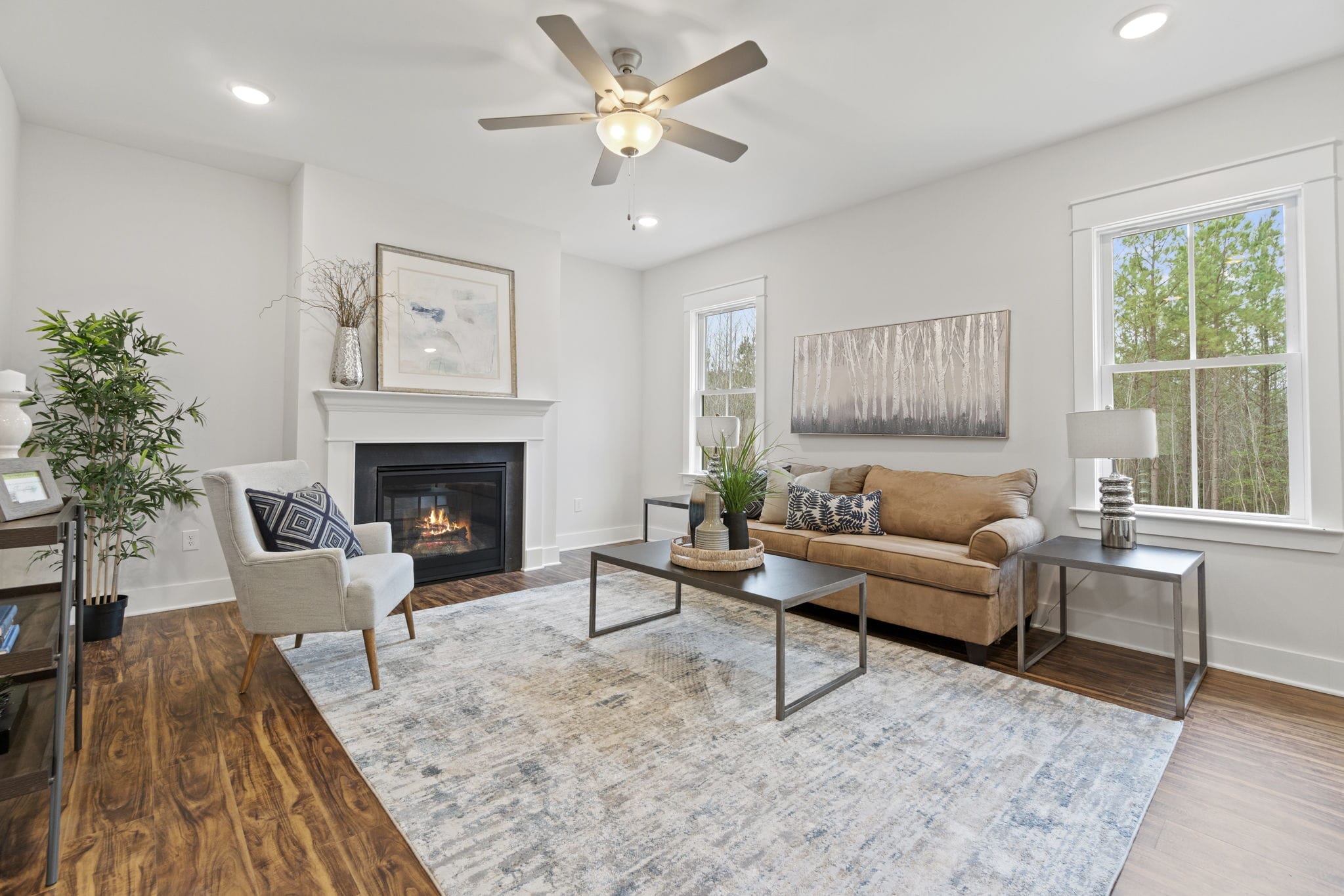 living room with beige sofa
