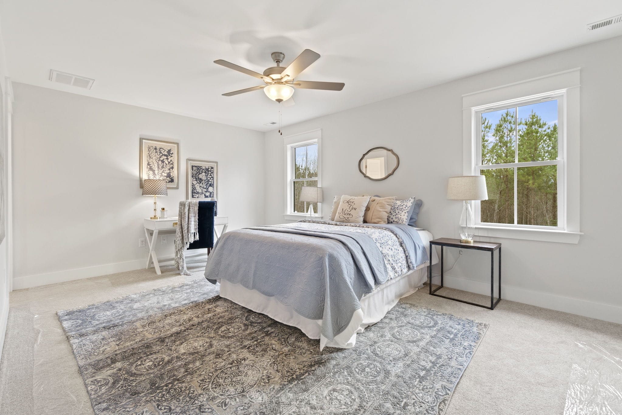 bedroom with beige carpet