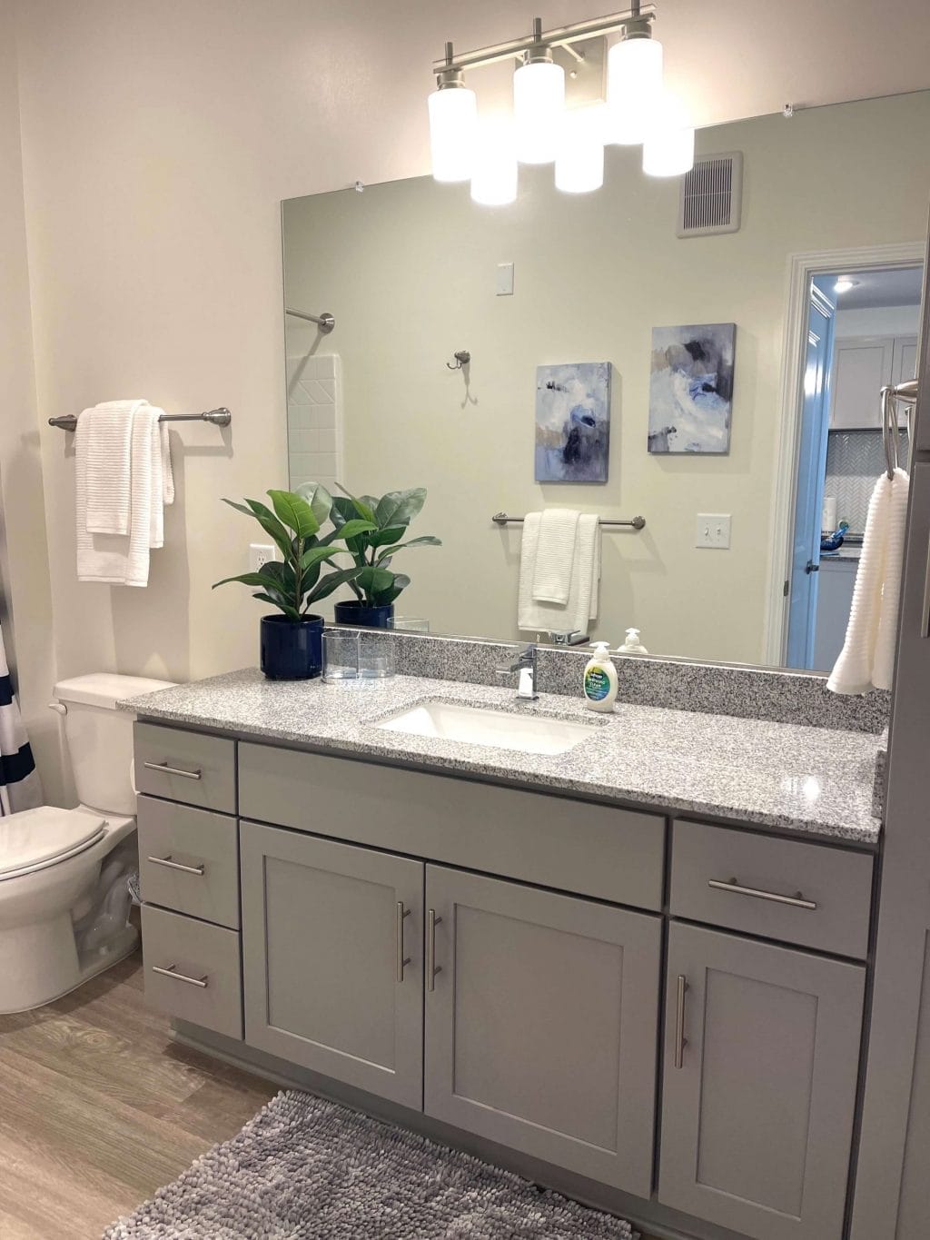 bathroom with gray cabinet
