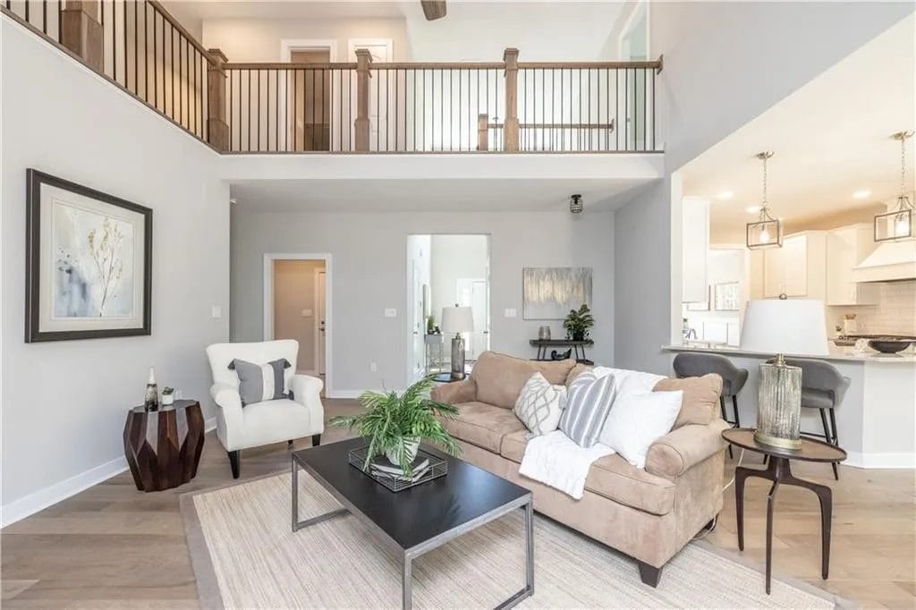 living room with beige sofa