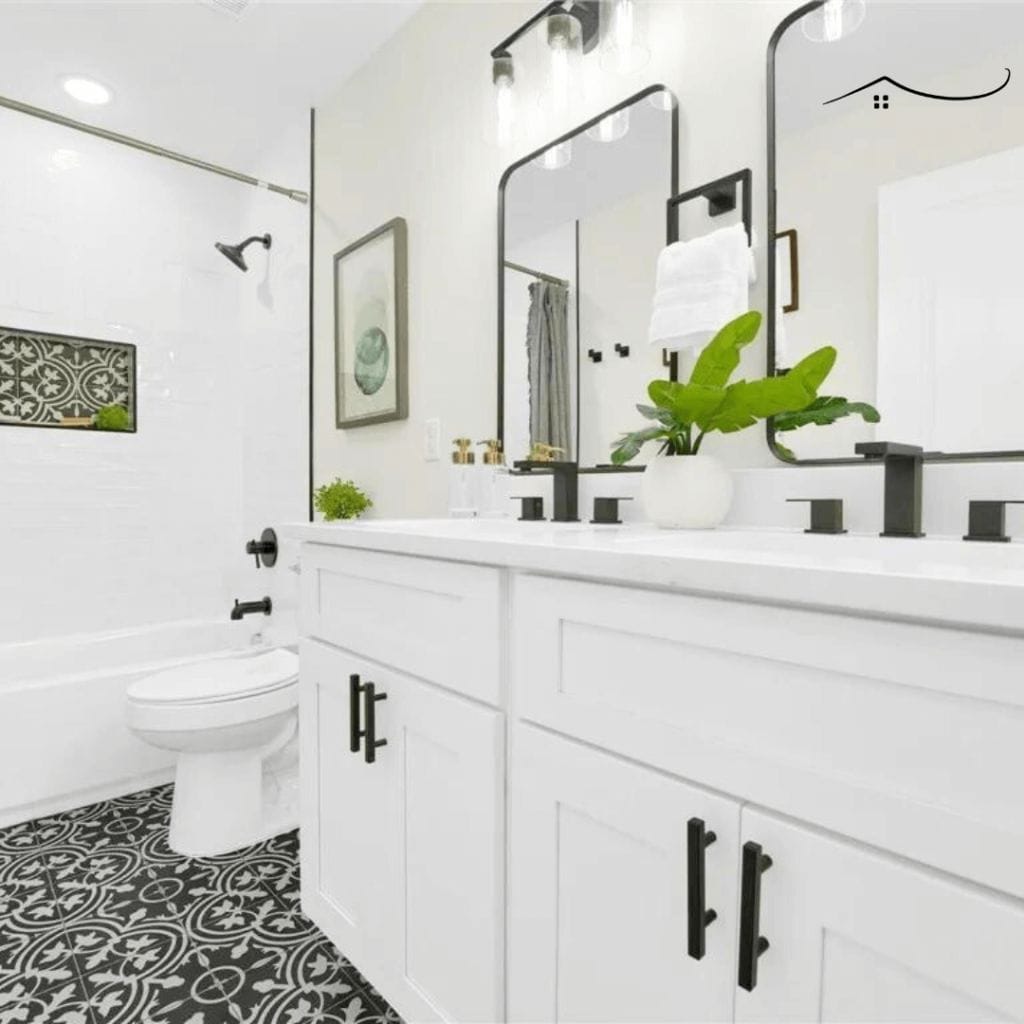 White and black bathroom with plants