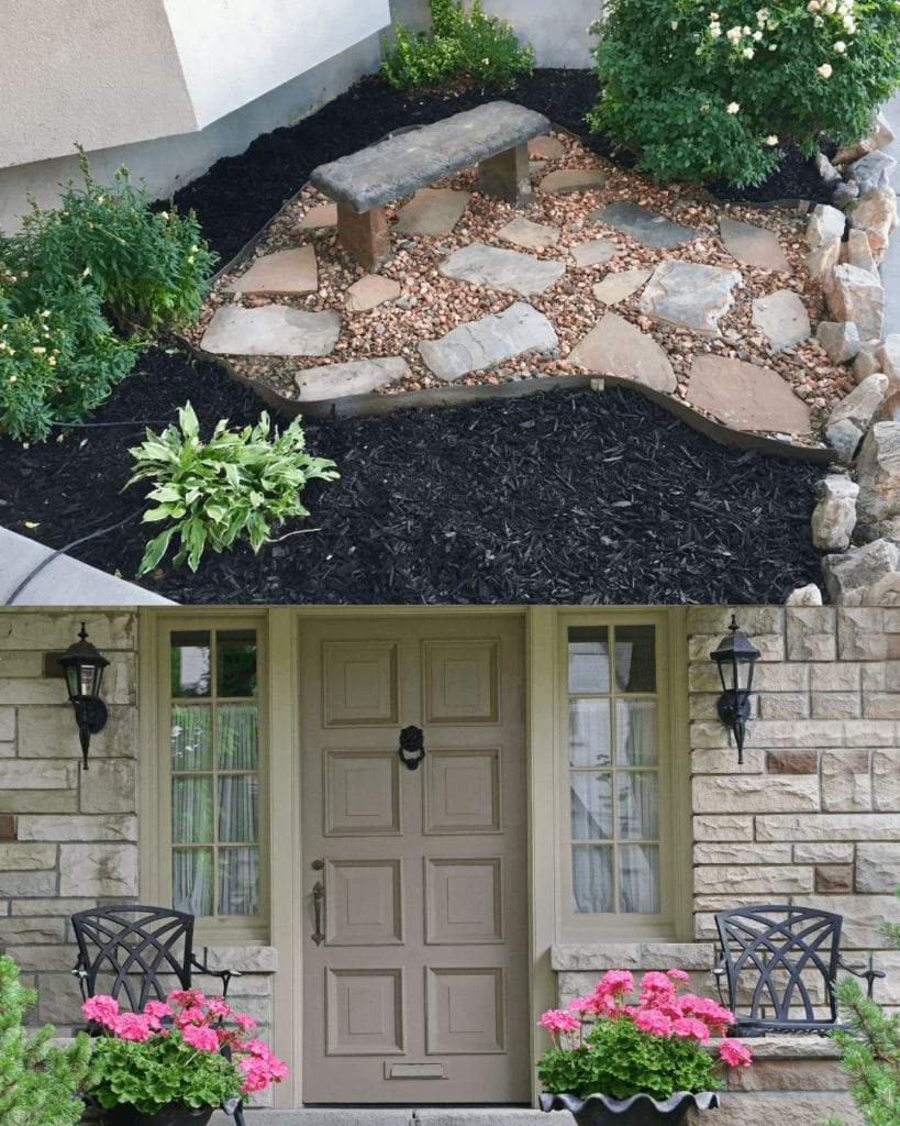 fresh mulch in a bed and flowers by a front door