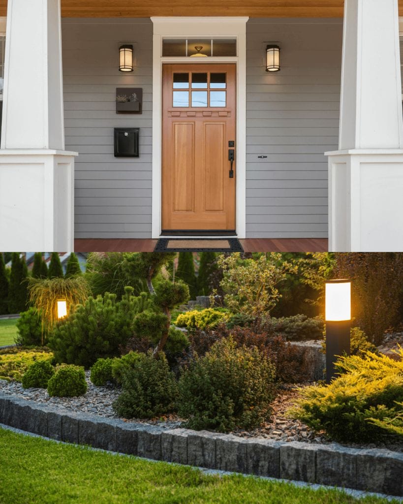 tan front door and garden